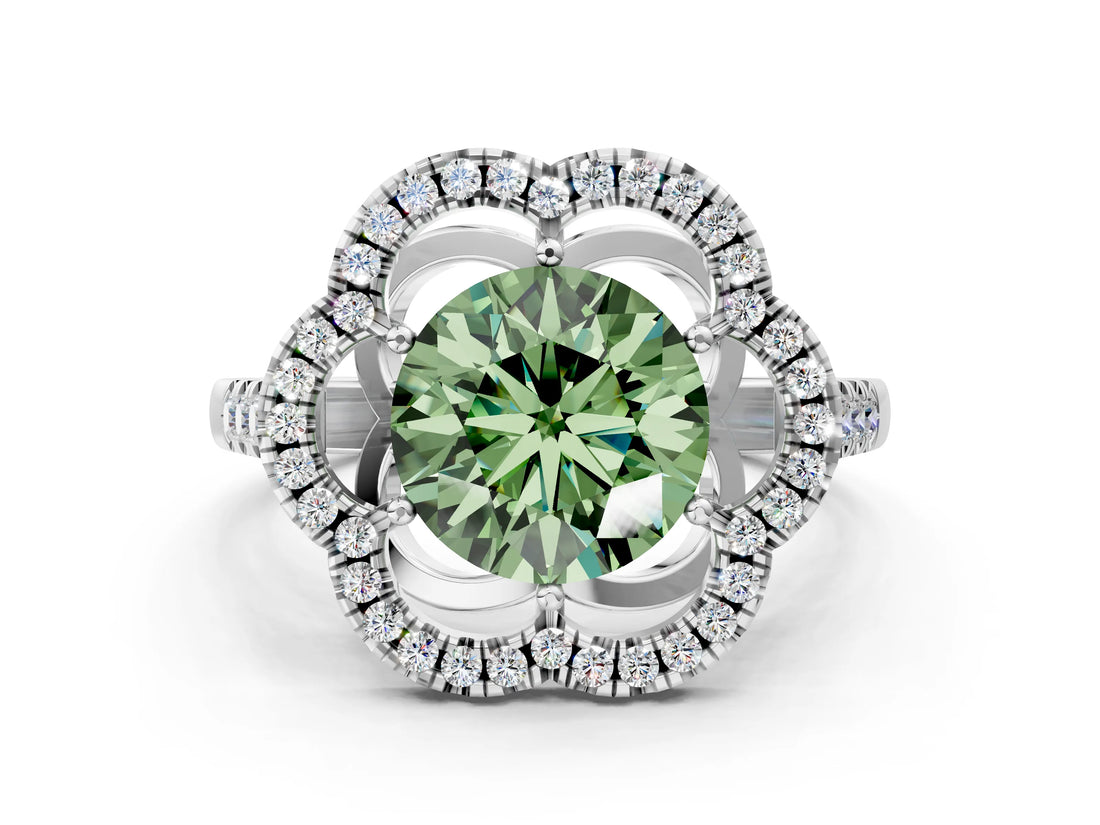 White gold Fancy Green Round Cut Diamond Floral Halo Split Shank Prong Setting Ring_6