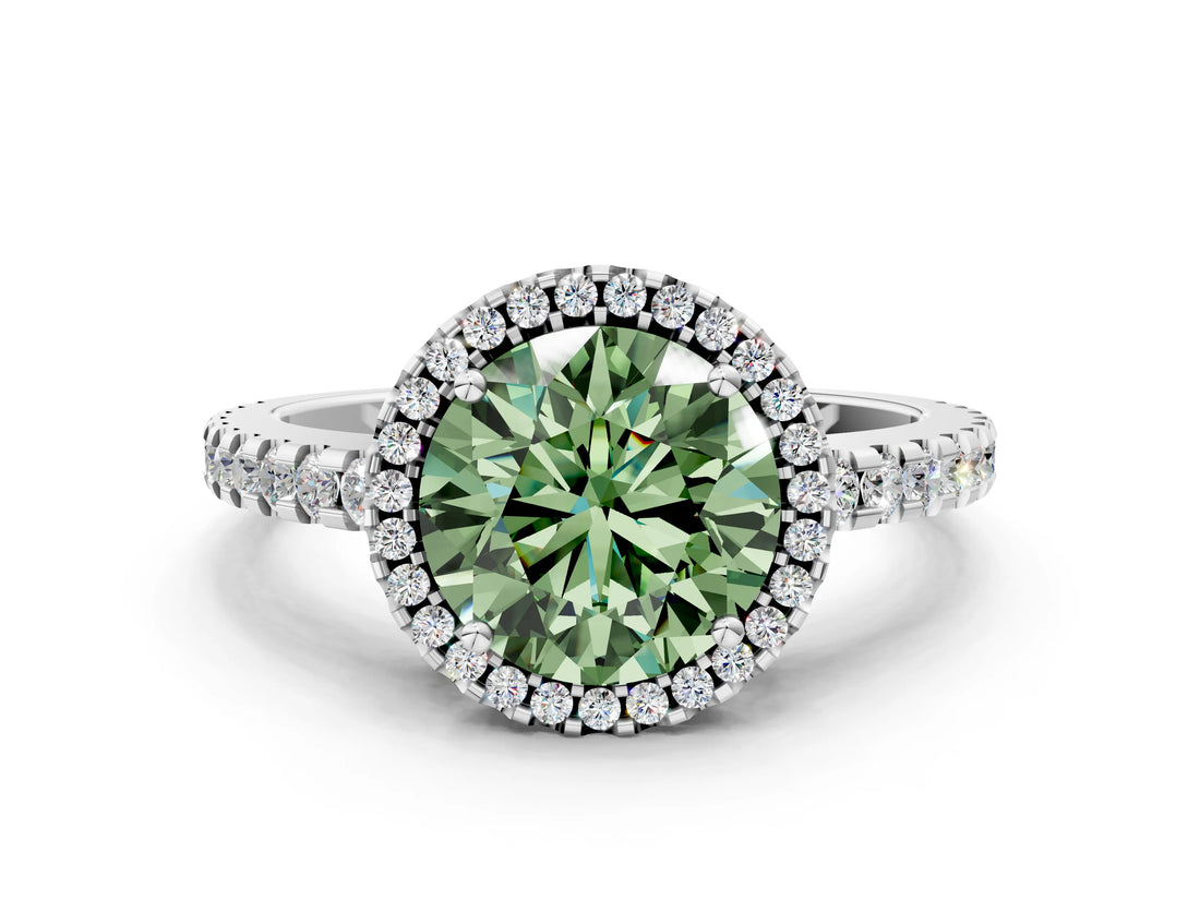 White gold Fancy Green Round Cut Diamond Halo Engagement Ring with Pavé Band and Prong Setting_51