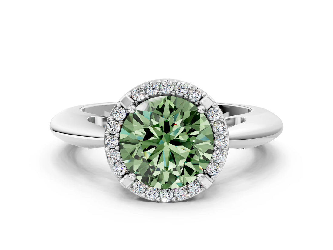 White gold Fancy Green Round  Cut Diamond Halo Engagement Ring with Split Shank and Four-Prong Setting_90