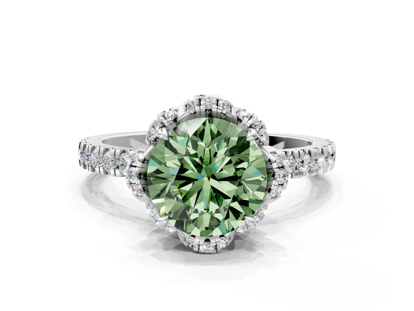 Platinum Fancy Green Round Cut Diamond Halo Pave Band with Four-Prong Setting