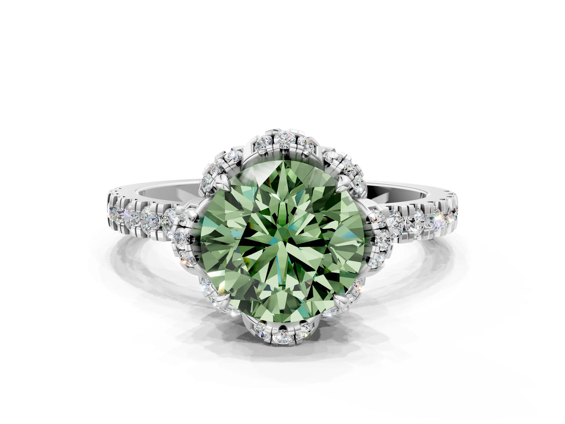 White gold Fancy Green Round Cut Diamond Halo Pave Band with Four-Prong Setting_3