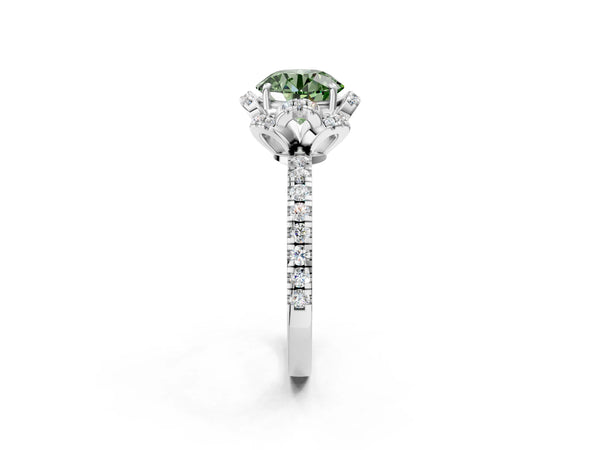 Platinum Fancy Green Round Cut Diamond Halo Pave Band with Four-Prong Setting