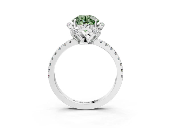 Platinum Fancy Green Round Cut Diamond Halo Pave Band with Four-Prong Setting