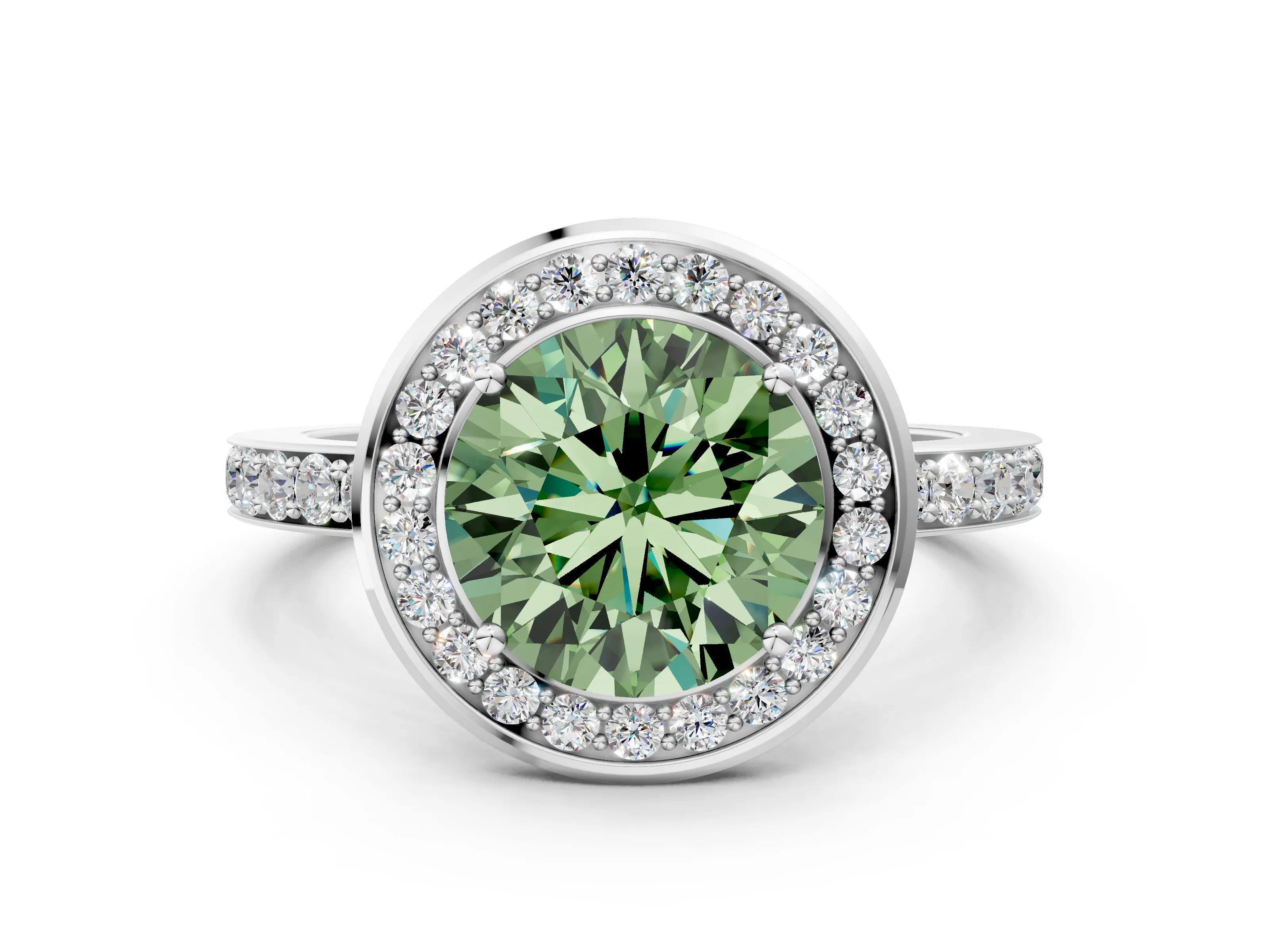 White gold Fancy Green Round Cut Diamond Halo Ring with Bezel Frame and Pavé Band