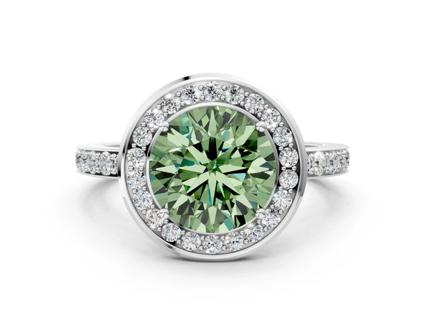 Platinum Fancy Green Round Cut Diamond Halo Ring with Bezel Frame and Pavé Band