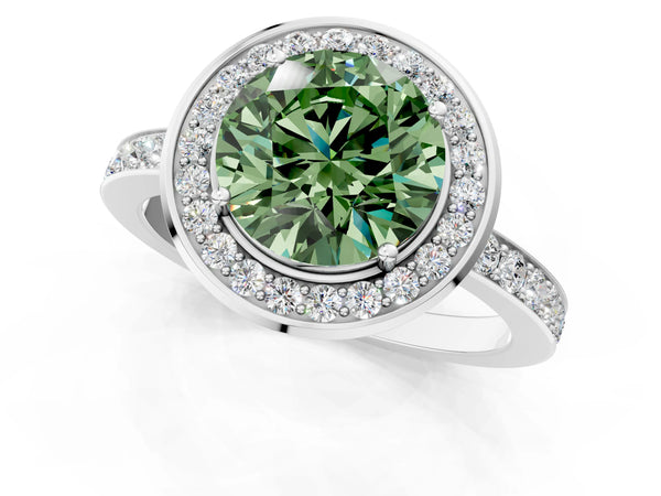 Platinum Fancy Green Round Cut Diamond Halo Ring with Bezel Frame and Pavé Band