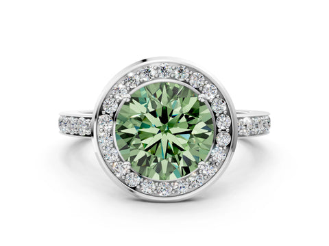 White gold Fancy Green Round Cut Diamond Halo Ring with Bezel Frame and Pavé Band