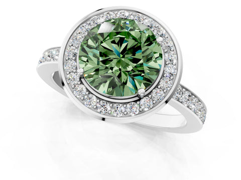 White gold Fancy Green Round Cut Diamond Halo Ring with Bezel Frame and Pavé Band_1