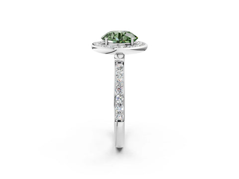 White gold Fancy Green Round Cut Diamond Halo Ring with Bezel Frame and Pavé Band_2