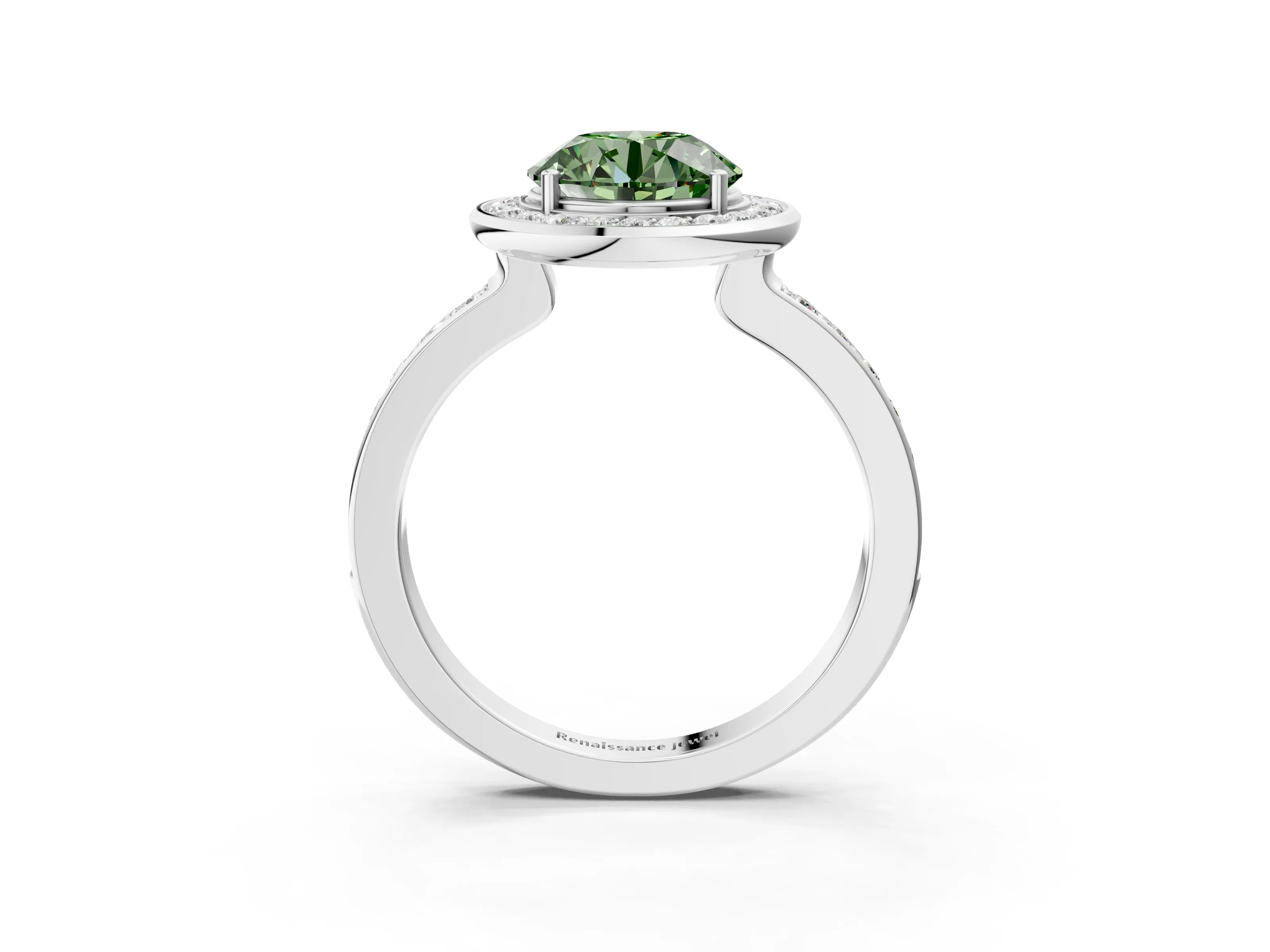 White gold Fancy Green Round Cut Diamond Halo Ring with Bezel Frame and Pavé Band_3