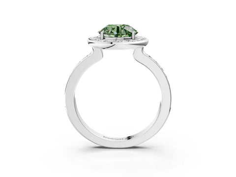 White gold Fancy Green Round Cut Diamond Halo Ring with Bezel Frame and Pavé Band_3