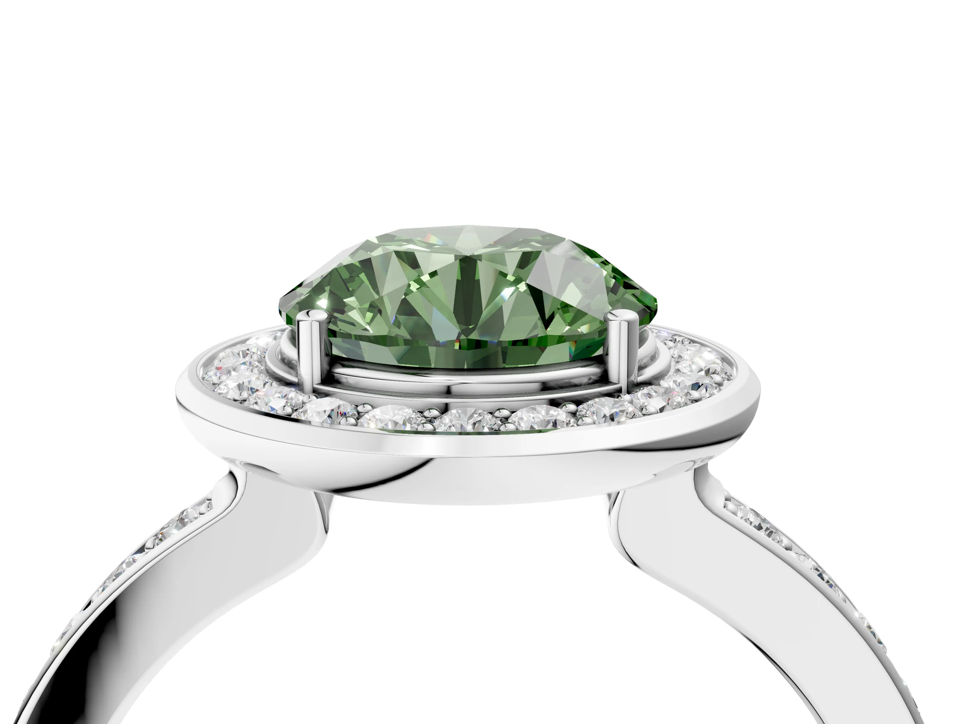 White gold Fancy Green Round Cut Diamond Halo Ring with Bezel Frame and Pavé Band_4