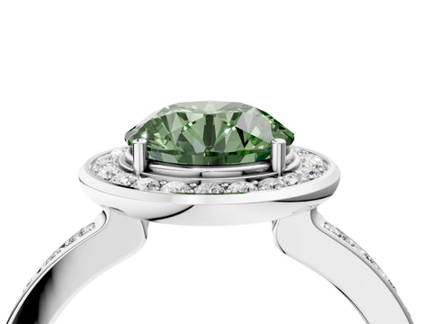 White gold Fancy Green Round Cut Diamond Halo Ring with Bezel Frame and Pavé Band_4