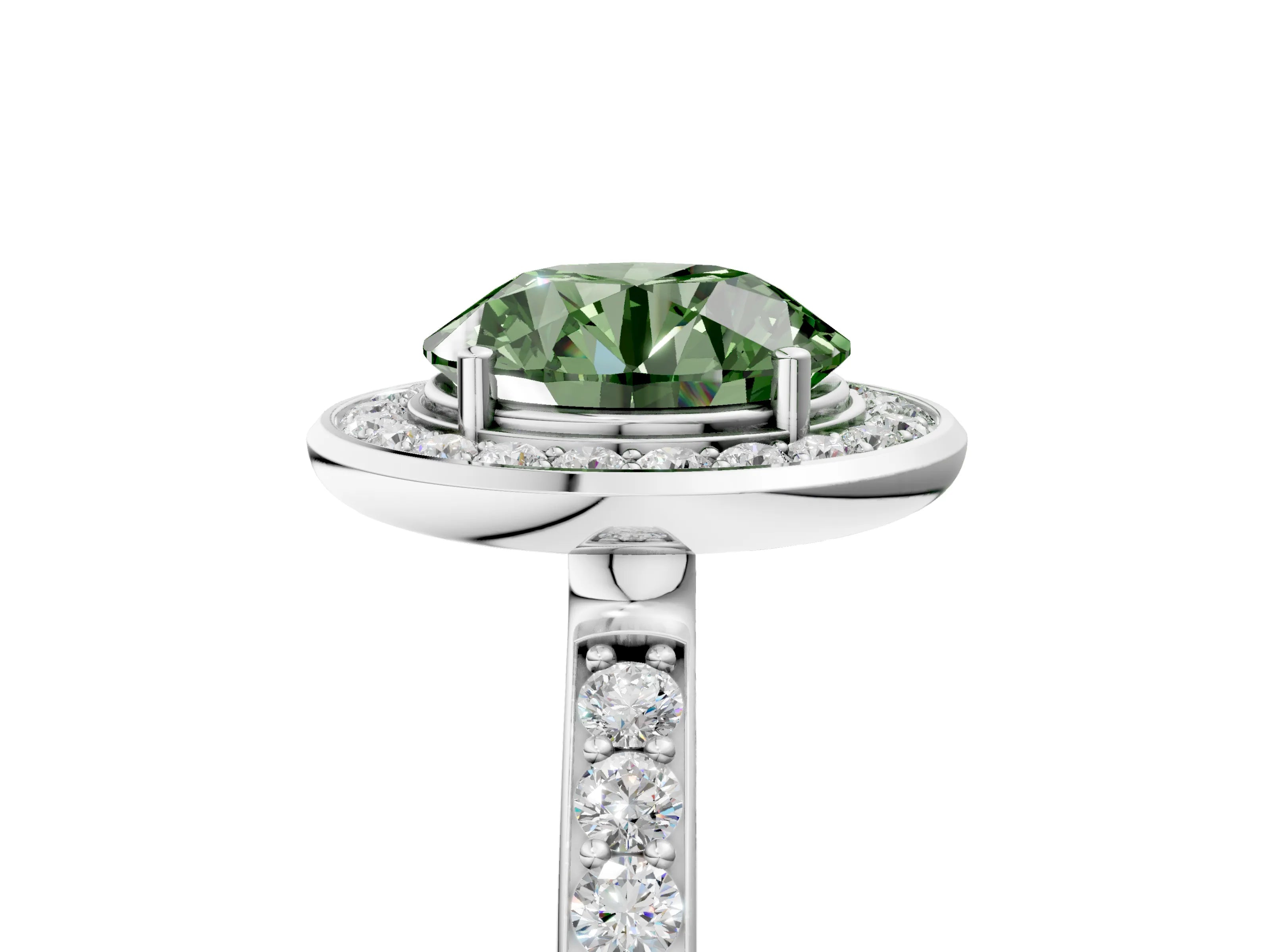 White gold Fancy Green Round Cut Diamond Halo Ring with Bezel Frame and Pavé Band_5