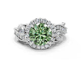 White gold Fancy Green Round Cut Diamond Halo Ring with Milgrain Pavé Band and Four-Prong Setting_65