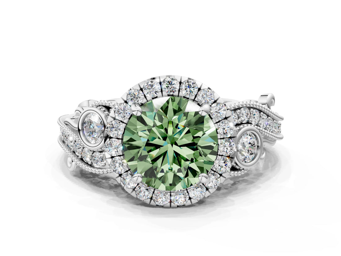 White gold Fancy Green Round Cut Diamond Halo Ring with Milgrain Pavé Band and Four-Prong Setting_66
