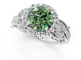 White gold Fancy Green Round Cut Diamond Halo Ring with Milgrain Pavé Band and Four-Prong Setting_66