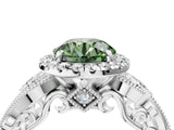 White gold Fancy Green Round Cut Diamond Halo Ring with Milgrain Pavé Band and Four-Prong Setting_70