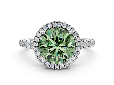 White gold Fancy Green Round Cut Diamond Halo Ring with Pavé Band and Four-Prong Setting_12
