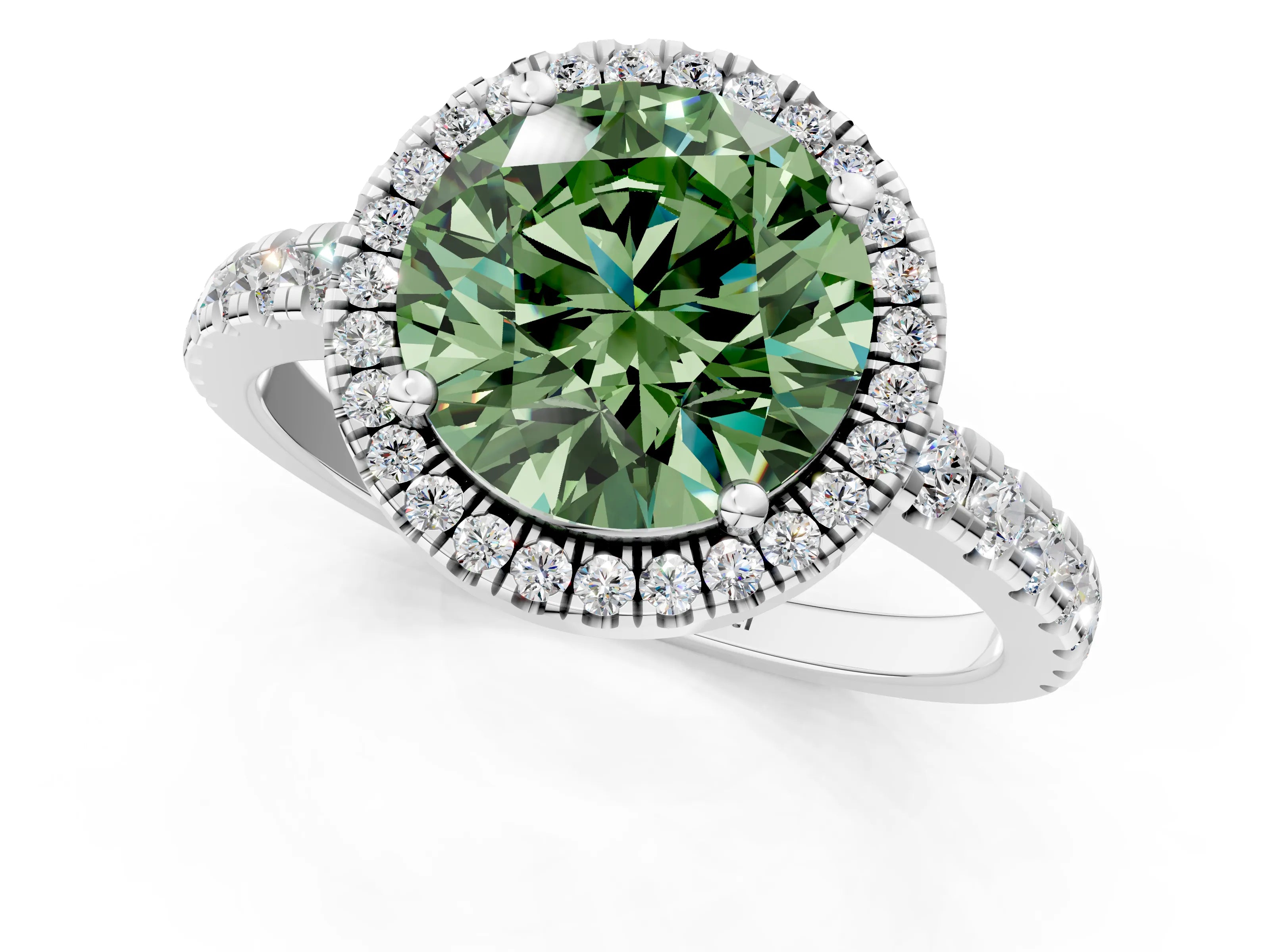 White gold Fancy Green Round Cut Diamond Halo Ring with Pavé Band and Four-Prong Setting_13