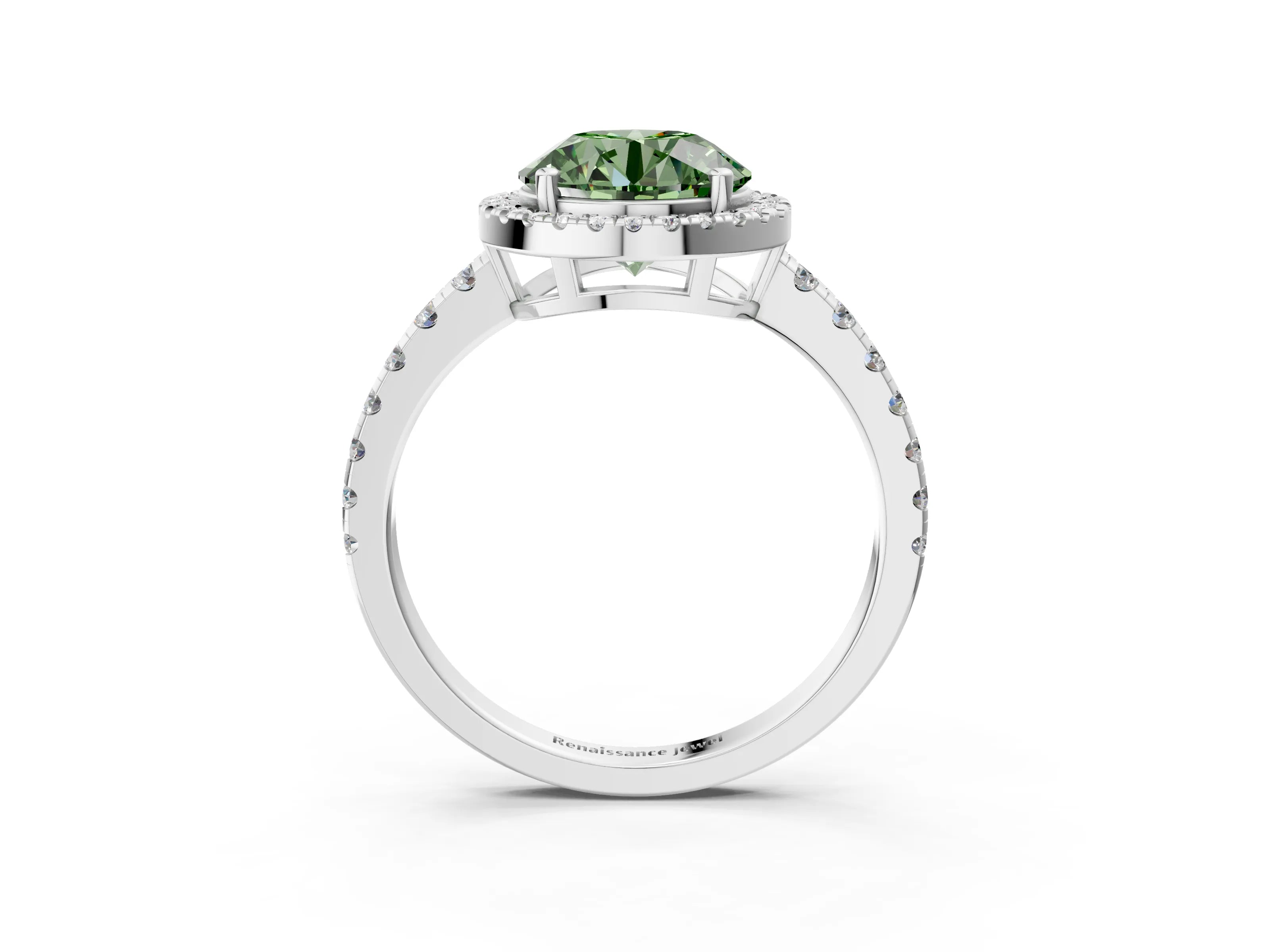 White gold Fancy Green Round Cut Diamond Halo Ring with Pavé Band and Four-Prong Setting_15