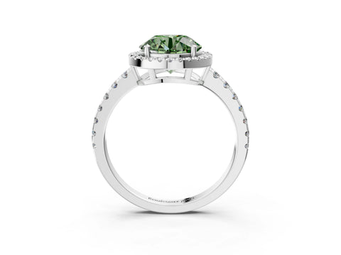 White gold Fancy Green Round Cut Diamond Halo Ring with Pavé Band and Four-Prong Setting_15