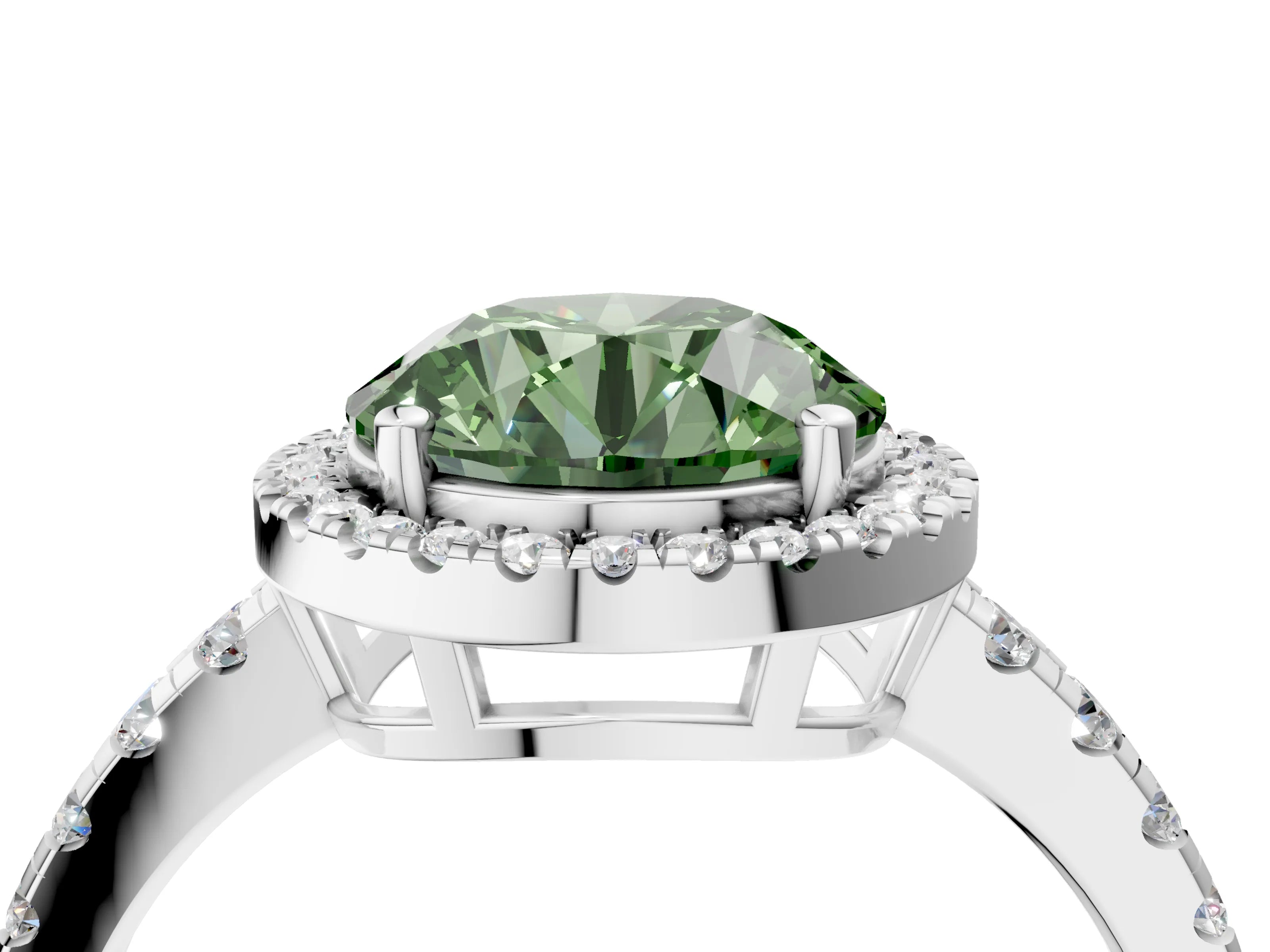 White gold Fancy Green Round Cut Diamond Halo Ring with Pavé Band and Four-Prong Setting_16