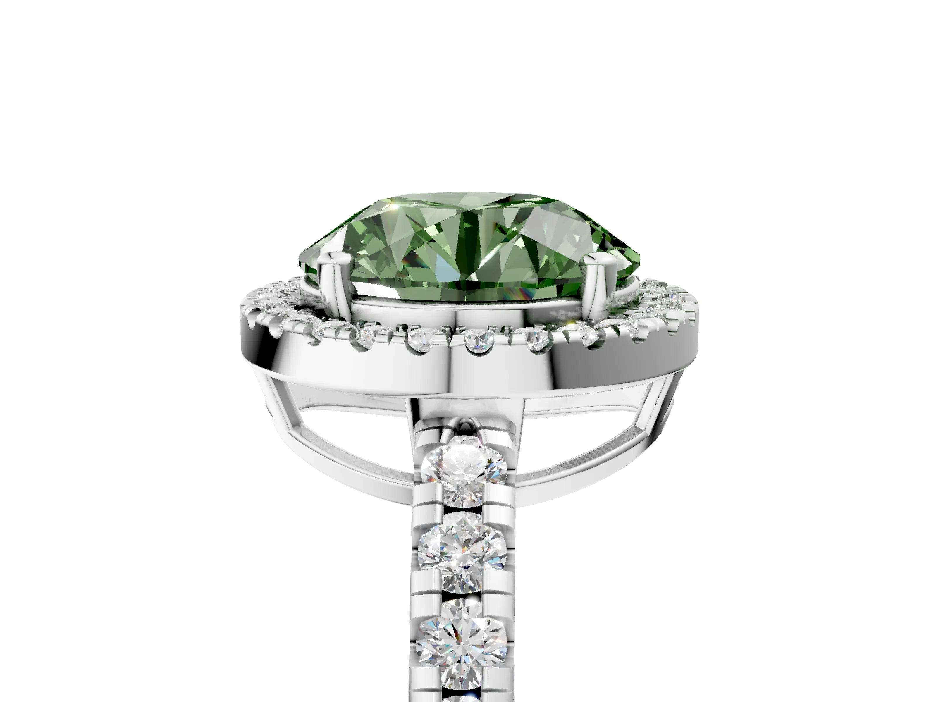White gold Fancy Green Round Cut Diamond Halo Ring with Pavé Band and Four-Prong Setting_17