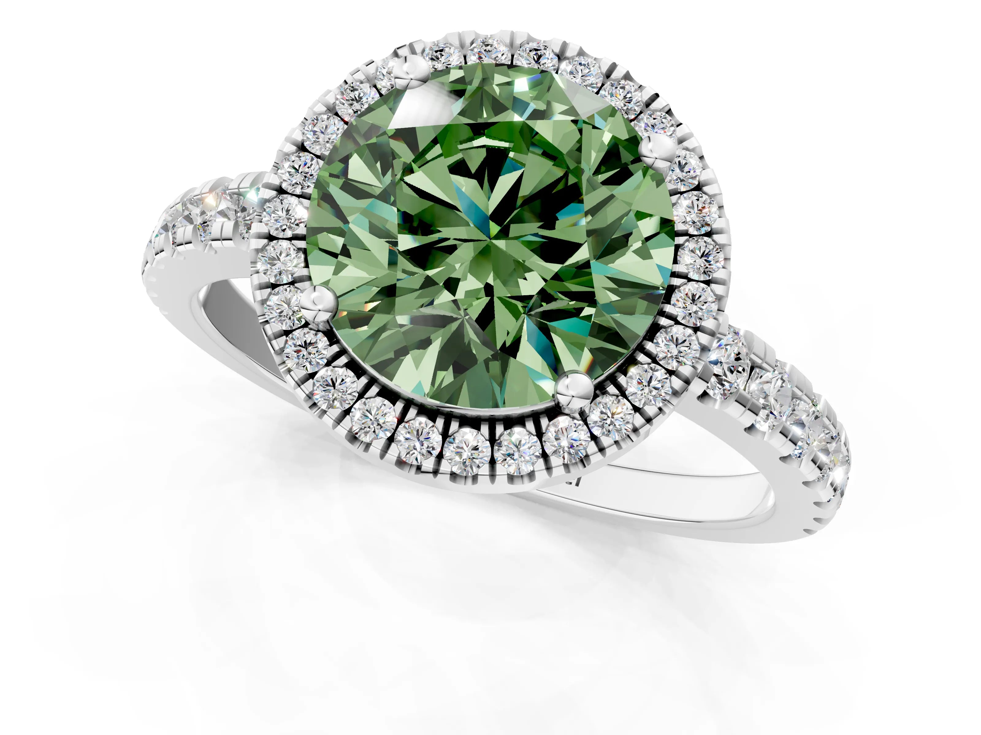 White gold Fancy Green Round Cut Diamond Halo Ring with Pavé Band and Four-Prong Setting_1