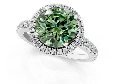 White gold Fancy Green Round Cut Diamond Halo Ring with Pavé Band and Four-Prong Setting_1