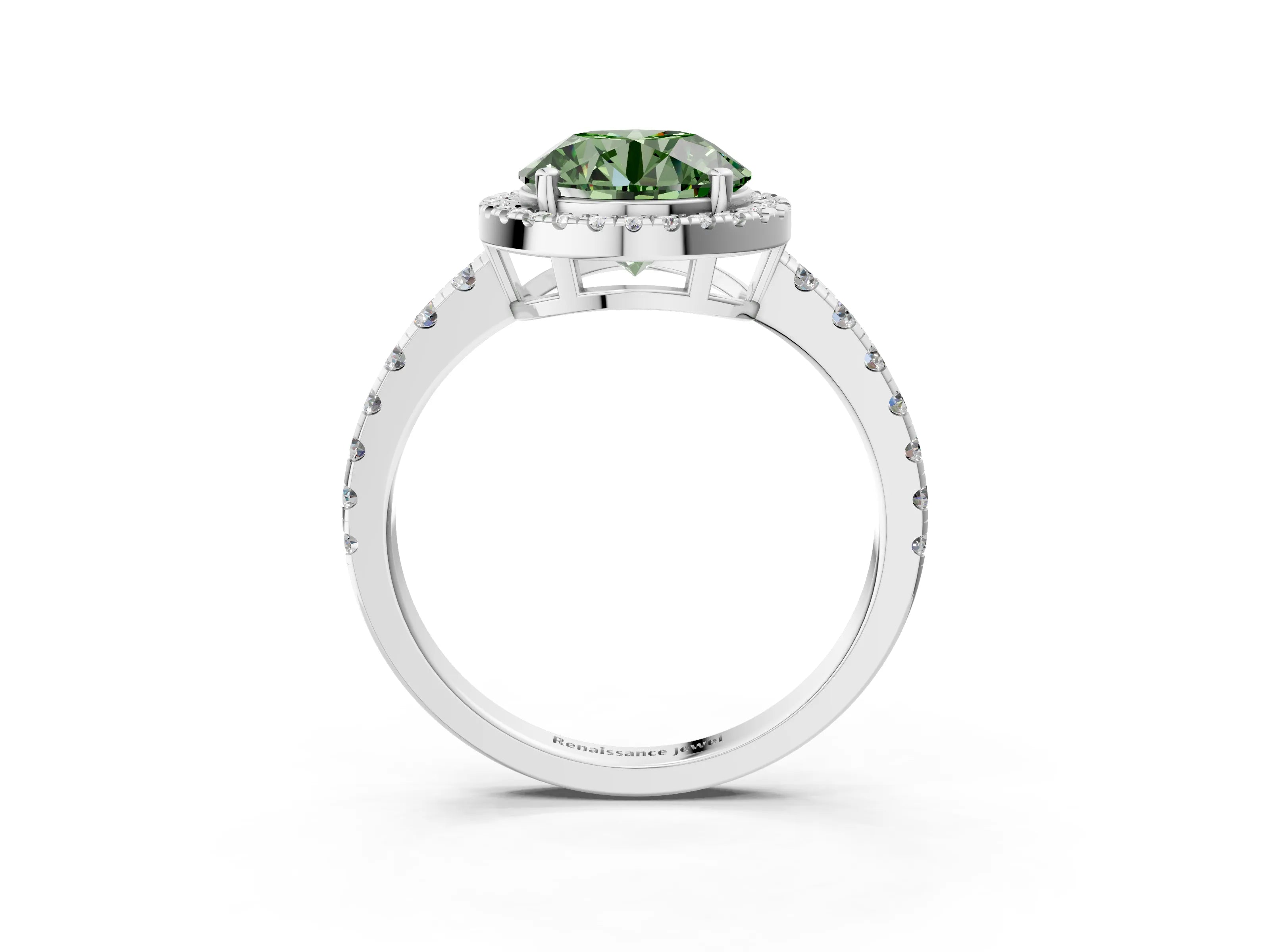 White gold Fancy Green Round Cut Diamond Halo Ring with Pavé Band and Four-Prong Setting_3