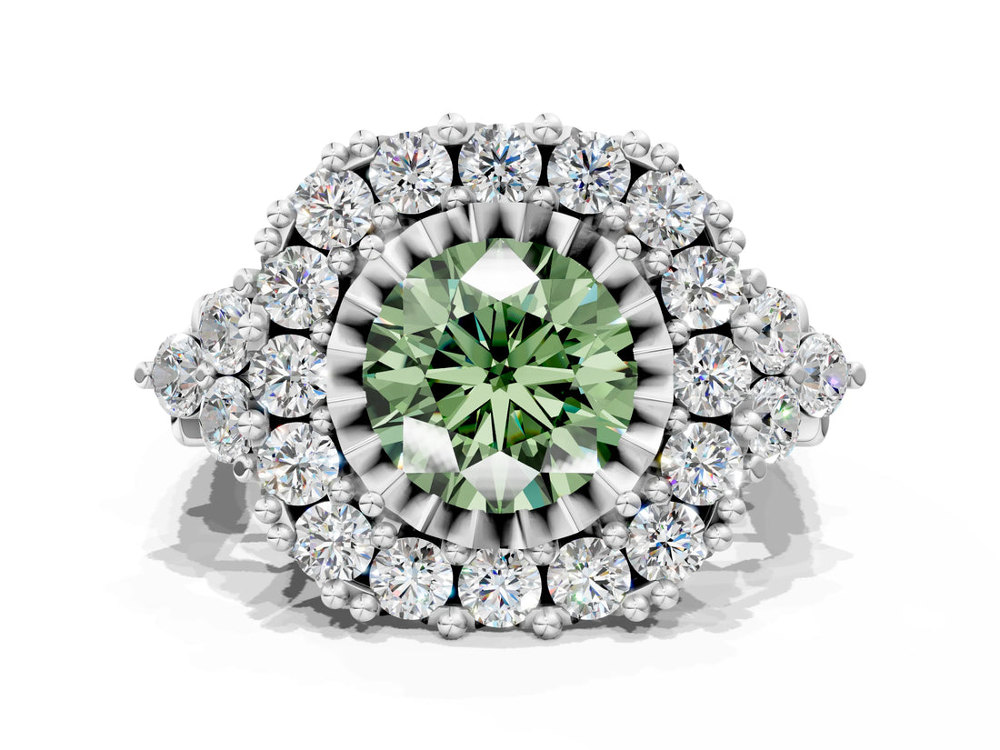 White gold Fancy Green Round Cut Diamond Halo Ring with Pavé Band and Four-Prong Setting_53