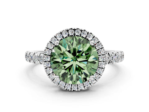 White gold Fancy Green Round Cut Diamond Halo Ring with Pavé Band and Four-Prong Setting