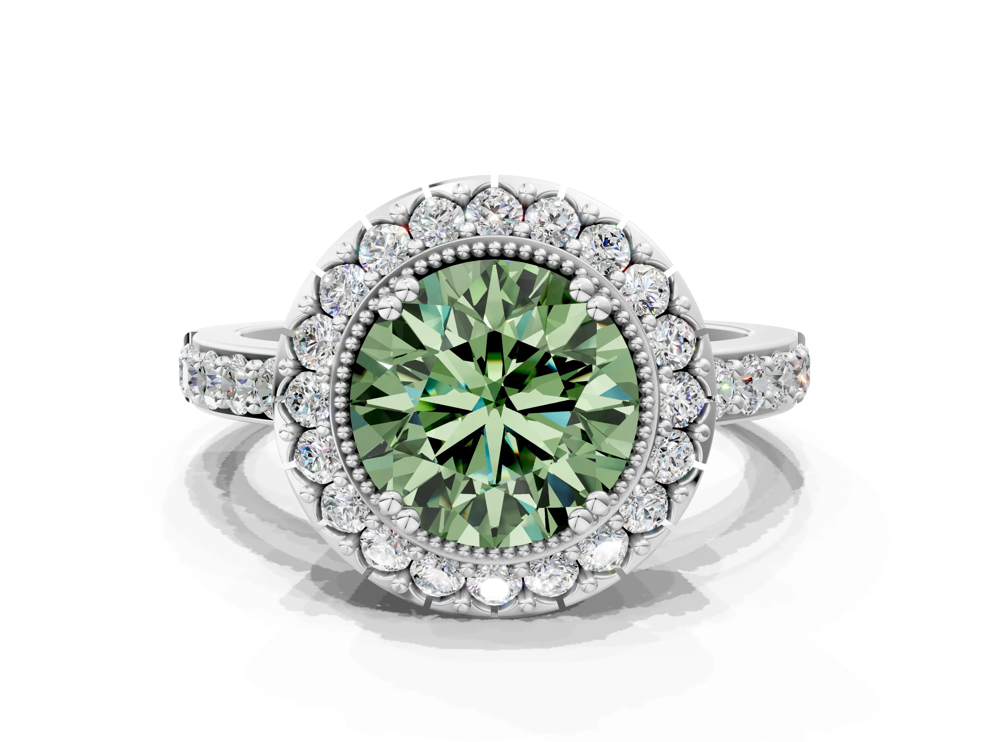 White gold Fancy Green Round Cut Diamond Halo Ring with Pavé Band and Prong Setting_12