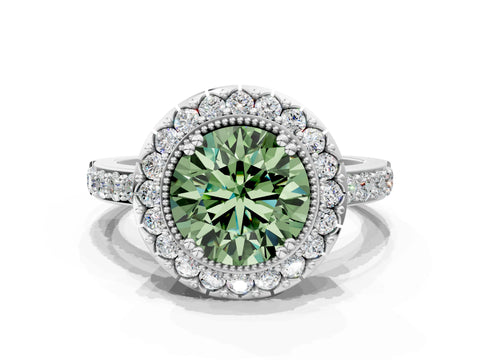 White gold Fancy Green Round Cut Diamond Halo Ring with Pavé Band and Prong Setting_12