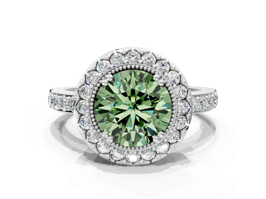 White gold Fancy Green Round Cut Diamond Halo Ring with Pavé Band and Prong Setting_12