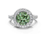 White gold Fancy Green Round Cut Diamond Halo Ring with Pavé Band and Prong Setting_12