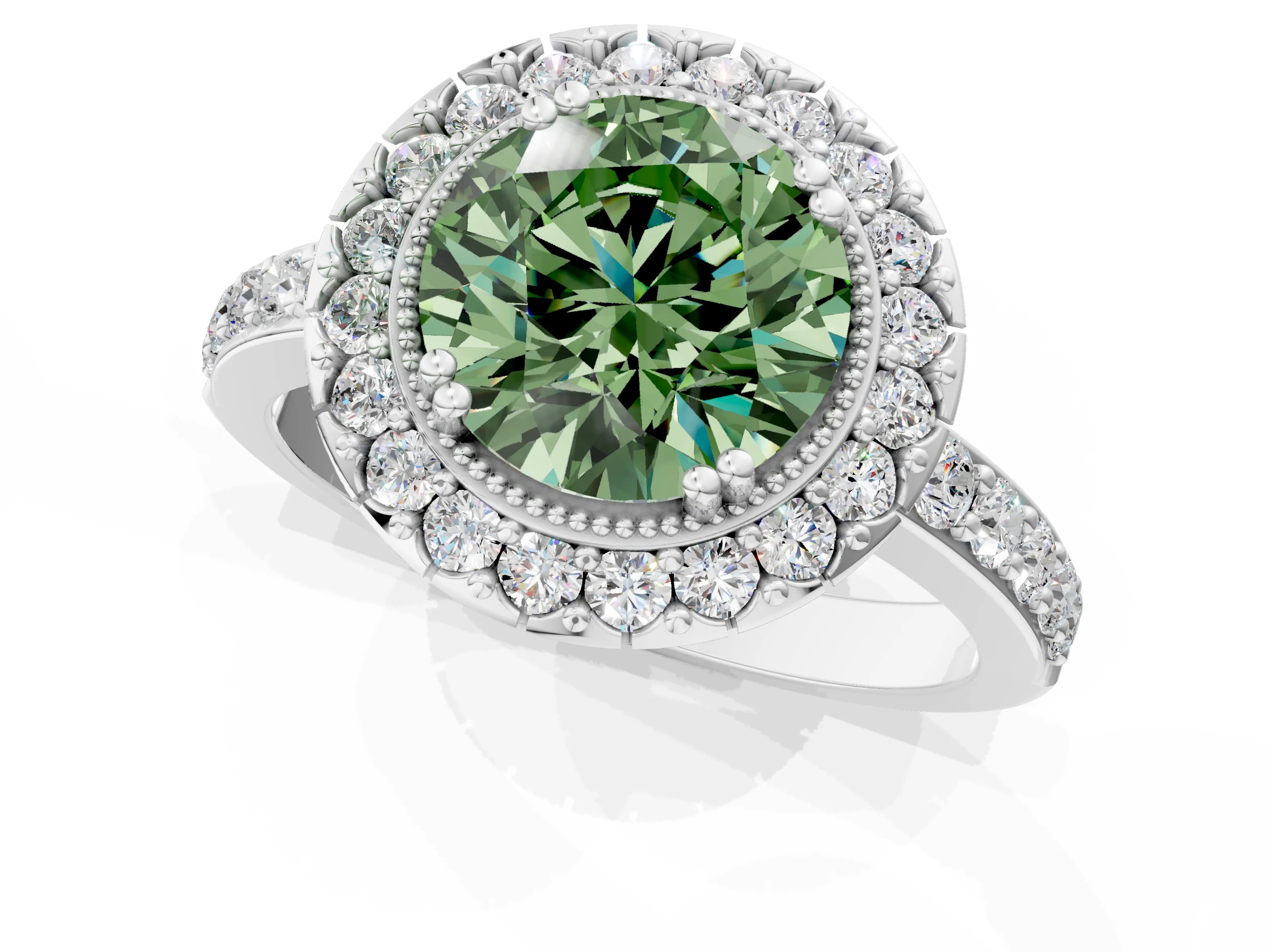 White gold Fancy Green Round Cut Diamond Halo Ring with Pavé Band and Prong Setting_13
