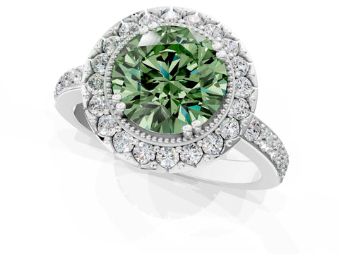 White gold Fancy Green Round Cut Diamond Halo Ring with Pavé Band and Prong Setting_13