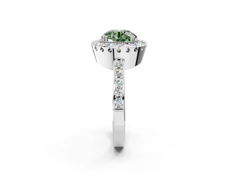 White gold Fancy Green Round Cut Diamond Halo Ring with Pavé Band and Prong Setting_14