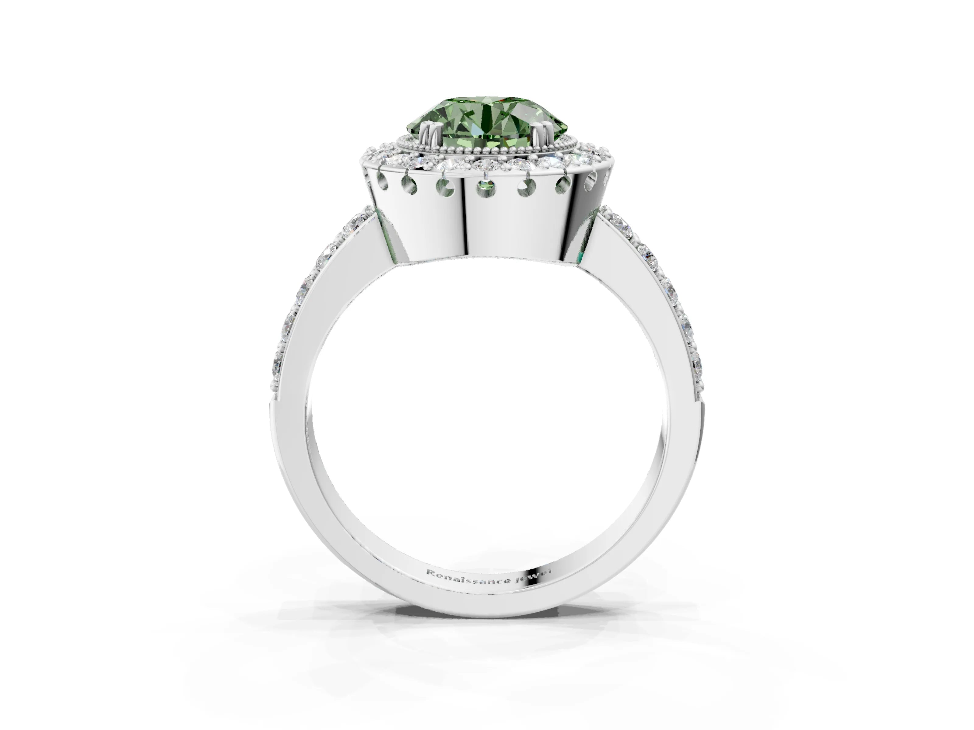 White gold Fancy Green Round Cut Diamond Halo Ring with Pavé Band and Prong Setting_15