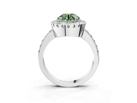 White gold Fancy Green Round Cut Diamond Halo Ring with Pavé Band and Prong Setting_15