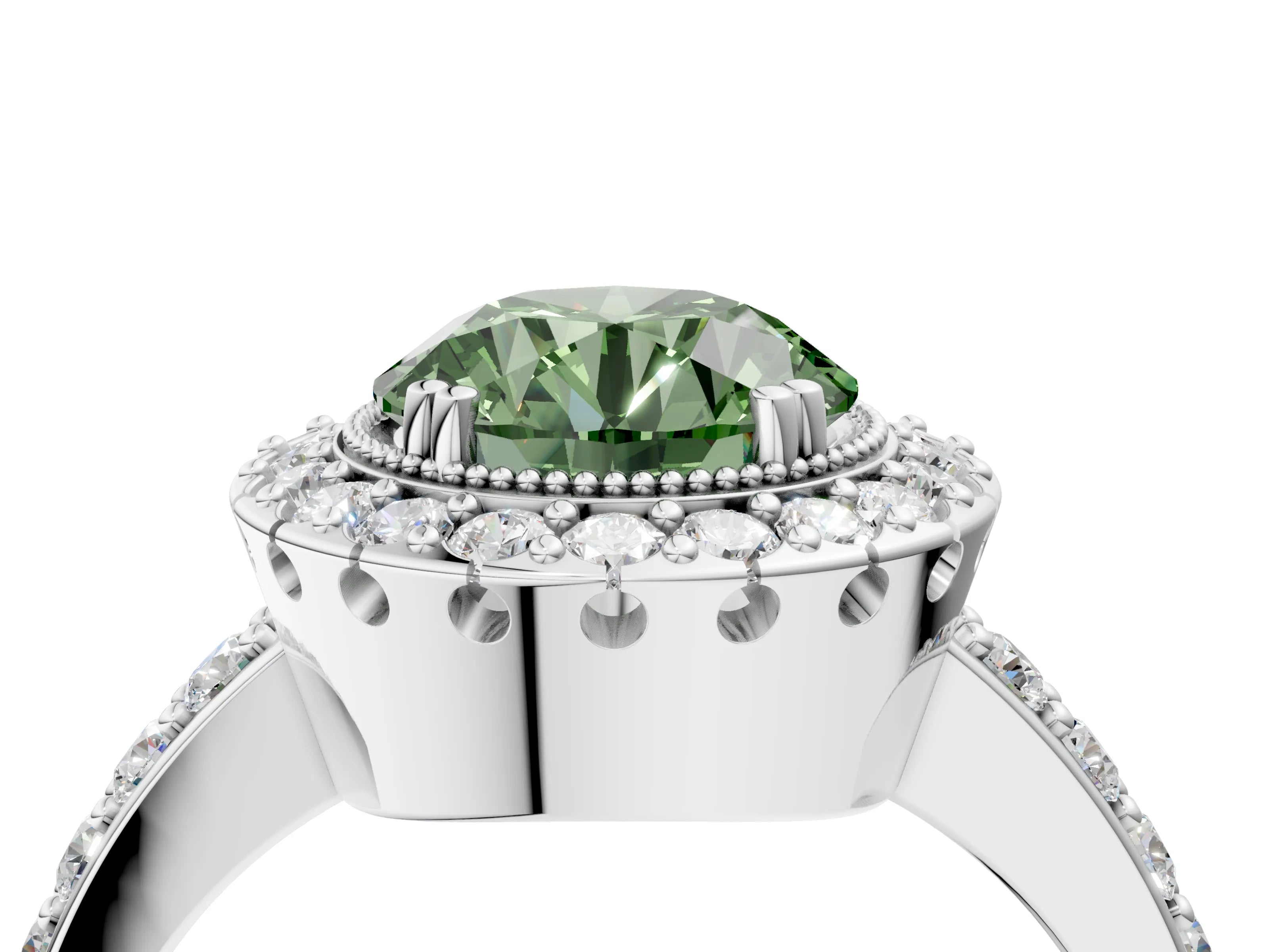 White gold Fancy Green Round Cut Diamond Halo Ring with Pavé Band and Prong Setting_16