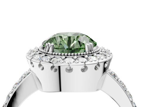 White gold Fancy Green Round Cut Diamond Halo Ring with Pavé Band and Prong Setting_16