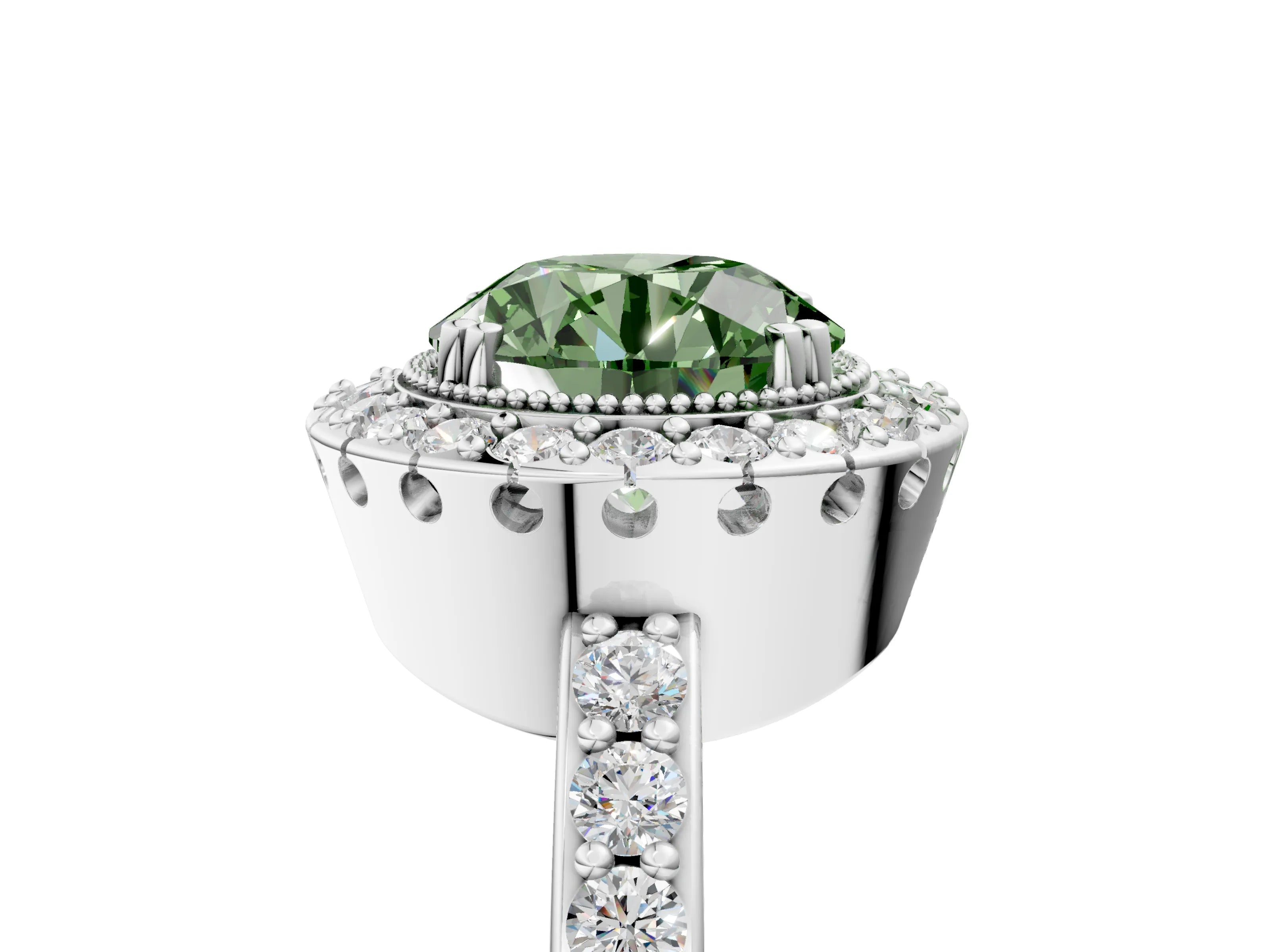White gold Fancy Green Round Cut Diamond Halo Ring with Pavé Band and Prong Setting_17