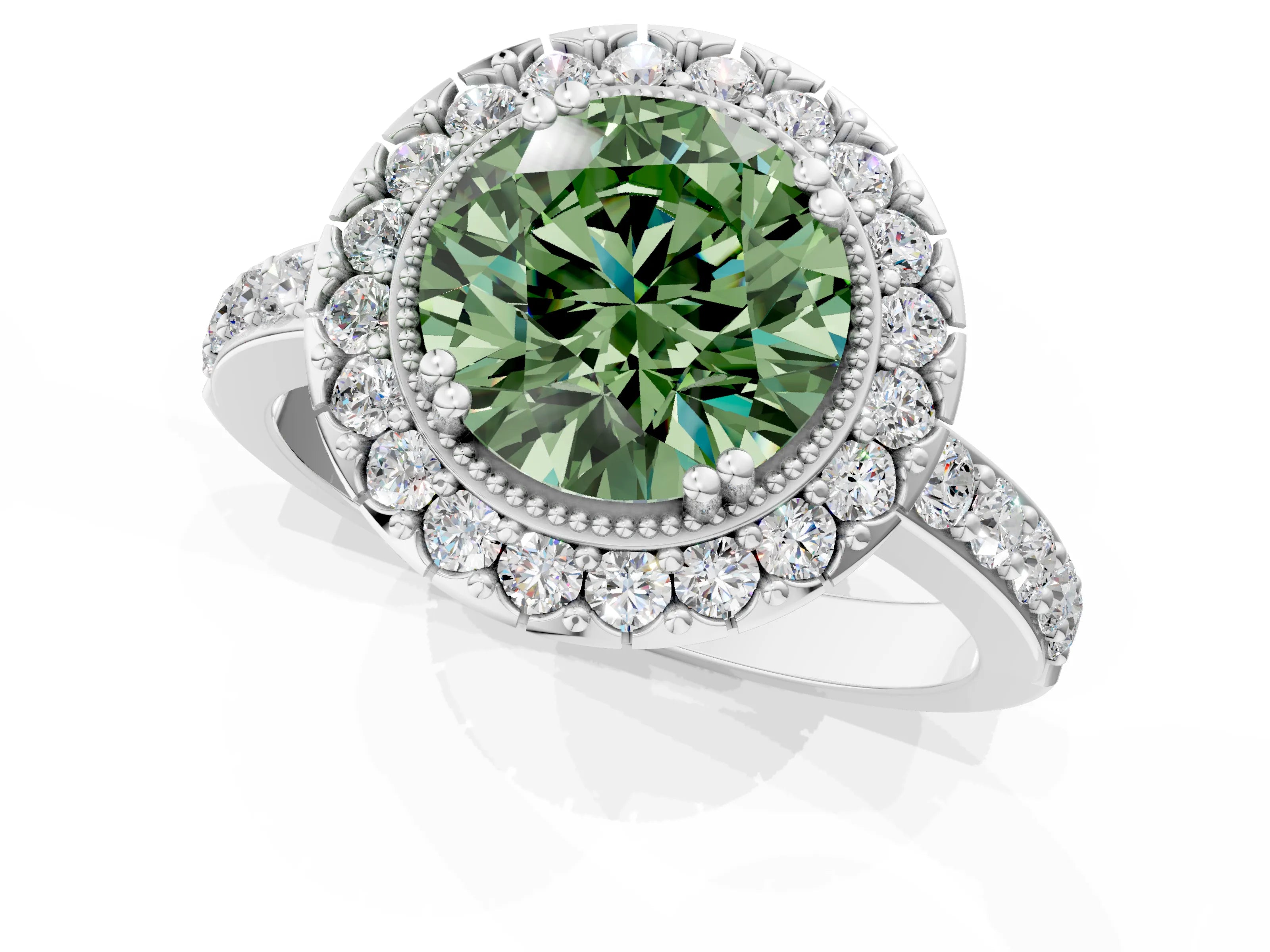 White gold Fancy Green Round Cut Diamond Halo Ring with Pavé Band and Prong Setting_1