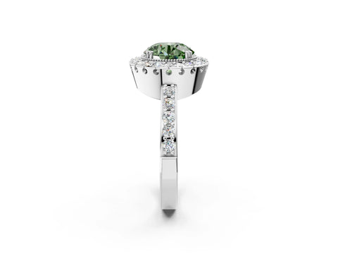 White gold Fancy Green Round Cut Diamond Halo Ring with Pavé Band and Prong Setting_2