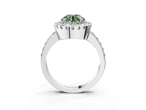 White gold Fancy Green Round Cut Diamond Halo Ring with Pavé Band and Prong Setting_3