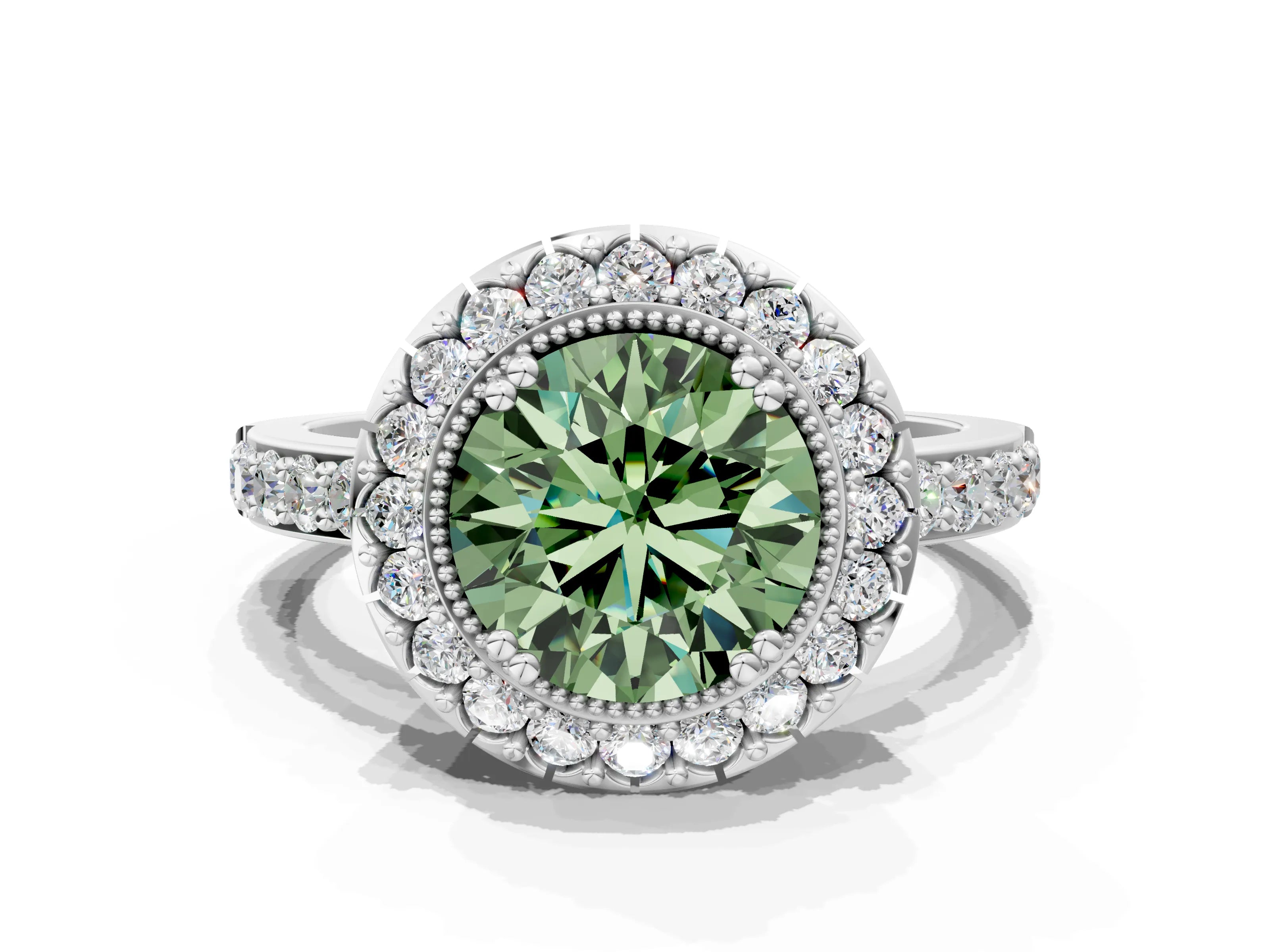 White gold Fancy Green Round Cut Diamond Halo Ring with Pavé Band and Prong Setting