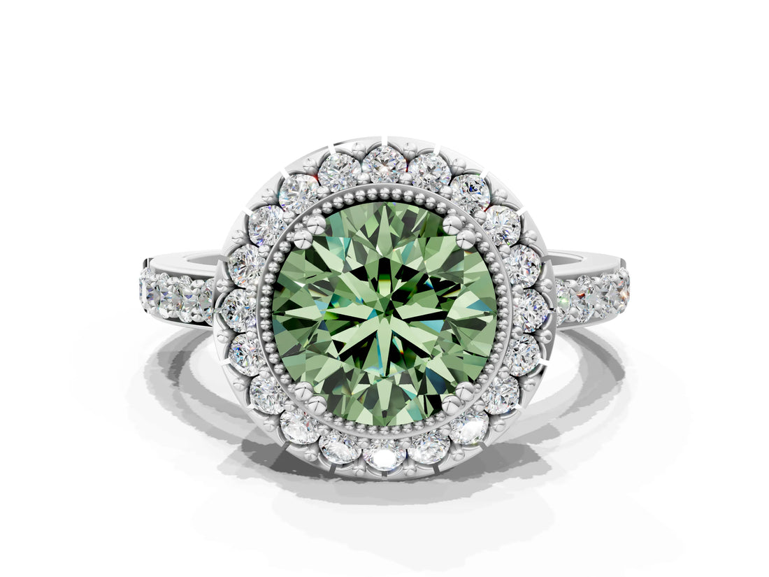 White gold Fancy Green Round Cut Diamond Halo Ring with Pavé Band and Prong Setting